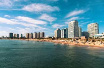 The highrise buildings of Punta del Este along the shore.